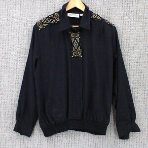 YVES ST. CLAIR Shirt Women Sz 14 Black Vintage Button Front Western Embroidered